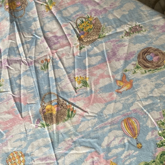 NWOT Easter Table Cloth Oval 78x55" Rabbits Eggs Flowers Birds Spring Clouds - Picture 3 of 8